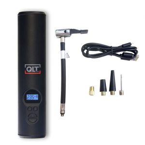 QLT Wireless Air Compressor with LED Lighting - Electric Pump - Includes USB Charging Cable and 4 Attachments - 10.3 Bar - LCD display - Black