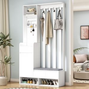 Porte-manteau 100x35x180cm - Armoire avec banc de rangement et étagère à chaussures avec panneau perforé et 4 crochets - MDF Blanc