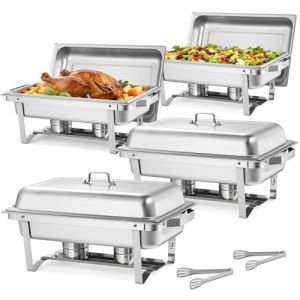 VEVOR Chauffe-Plat Rectangulaire 4PCs 8,6 L, Buffet Chauffant &agrave; Combustible en INOX, avec Couvercle, Poign&eacute;e Creuse, 2 Pinces &agrave; Aliments et Porte-Combustible, R&eacute;chaud pour Banquet F&ecirc;te Mariage