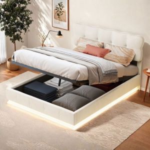 Lit coffre 140x190 cm - Lit double pour adulte - Cadre de lit - Lit 2 personnes - Hydrauliques - Tissu velours beige - LED int&eacute;gr&eacute;e