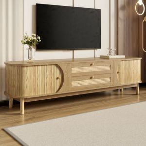 Meuble TV 170 x 39,5 x 46 cm - 2 tiroirs et 2 portes - Bois naturel - Rotin - MDF - Naturel