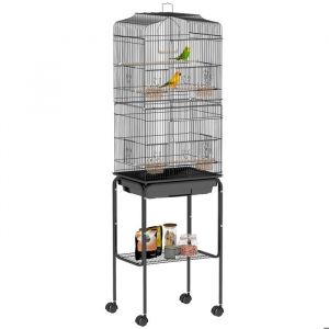 Pawhut Cage &agrave; oiseaux sur pied - sur roulettes - avec toit ouvrant 3 perchoirs &eacute;tag&egrave;re inf&eacute;rieure - 465 x 36 x 157 cm - noir