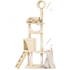 Vounot Arbre à Chat Hauteur 155cm Multi Niveaux Arbre à Grimper avec Griffoirs Tunnel Hamac Niche Escalade et Escalier Centre d’Activités pour Chats Beige