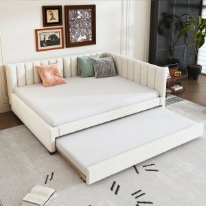 MODFU Lits capitonné enfant 140x200 cm canapé-lit gigogne lit multifonctionnel avec sommier à lattes tissu velours beige