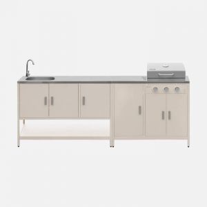 Cuisine ext&eacute;rieure Naxos 2 modules acier inoxydable beige barbecue gaz 3 br&ucirc;leurs avec &eacute;vier