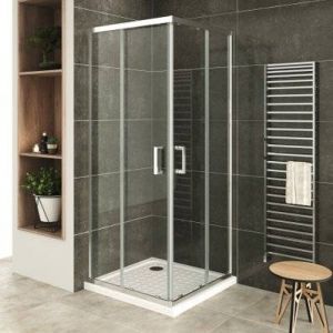 Image de LANA+ Porte de douche d'angle coulissante H 190 cm verre transparent 80 x 80 cm+ receveur