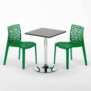 Image de Grand Soleil Table Noir et 2 Chaises Color&eacute;es Polypropylene Set Interieur Bar Caf&eacute; MOJITO | Noir - Carr&eacute; - Gruvyer Vert