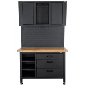 Vito Etabli d'Atelier Garage avec Armoire de Rangement - Plan de travail Bois 2 Armoires 3 tiroirs Panneau perforé Charge 500kg