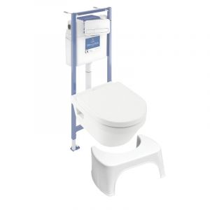Villeroy & Boch Pack WC sans bride Architectura abattant + bâti-support sol et mur + plaque blanche + Tabouret blanc