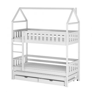 Lit cabane superposé 90x200 sommiers lit gigogne et tiroirs - Blanc
