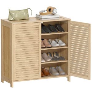 Homcom Meuble &agrave; chaussures - 14 paires - portes persiennes et &eacute;tag&egrave;res r&eacute;glables - bambou - 80x35x80cm - bois naturel