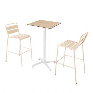Table haute carrée inclinable chêne naturel 60 x 60 cm en HPL pied blanc et 2 chaises hautes en métal