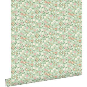 Estahome - papier peint fleurs vert, rose terracotta et blanc