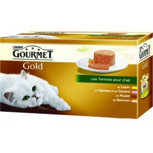 Image de Purina Gourmet Gold Les Terrines - Pat&eacute; pour chat : lapin, rognons, agneau et canard, saumon (24 x 4 x 85 g)
