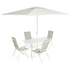 Image de Ensemble Jardin 1 Table, 4 Fauteuils, 1 Parasol Rona Blanc Hyba - L'ensemble