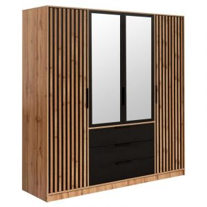 Vente-unique - Armoire 4 portes et 3 tiroirs - Avec miroir - L196 cm - Coloris : Naturel et noir - lirmada
