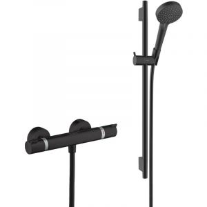 Image de Hansgrohe Set de douche Mitigeur Ecostat Comfort + douchette à main 2 jets + Barre Unica 65 cm, Noir mat (13116670-Vernis)