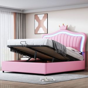 Lit coffre 140x200 cm en simili cuir rose avec t&ecirc;te coquillage et petite couronne LED int&eacute;gr&eacute;es et coffre hydraulique