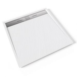 HIEMAL INOX Receveur de douche 100 x 100 cm résine Blanc aspect ardoise + bonde inox incluse - Salle de bain