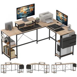 Homcom Bureau d'angle modulable réversible pour 2 personnes bois naturel