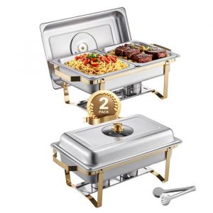 VEVOR Chauffe-Plat Rectangulaire 2PCs 4 L, Buffet Chauffant avec 4 Bacs Demie Taille, Réchaud en Acier Inoxydable avec Couvercle en Verre, pour Buffet Libre-Service Hôtel Traiteur Restauration, Doré