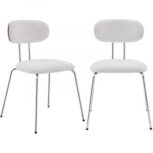 2 chaises d&eacute;cor bois courb&eacute; teint&eacute; noyer et tissu d&eacute;perlant blanc. pieds m&eacute;tal chrom&eacute; - L 45 x P 55 x H 80cm - Erin