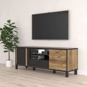Meuble tv 155 cm 2 portes d&eacute;cor bois et noir pieds m&eacute;tal noir - celia