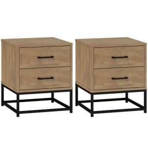 Homcom Lot de 2 chevets effet bois exotique - 2 tiroirs - piètement poignées métal noir