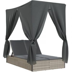 VidaXL Chaise longue double avec toit et rideaux gris clair poly rotin 368077