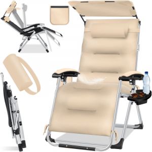 Chaise longue de jardin, résistante aux intempéries, charge maximale 200kg, dossier réglable avec coussin pour la nuque, porte-boisson et coussin