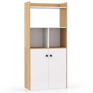 Coast Bookcase with Double Door Cabinet - White & Nature - 3 Level High Shelf - Freestanding Storage Furniture - 60 x 30 x 133 cm