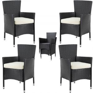 4x Chaises de jardin noir/cr&egrave;me en polyrotin empilables