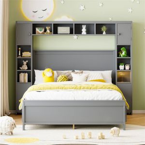 Lit 140x200cm, Cadre de lit, avec 4 tiroirs et grand placard de rangement, lit double en bois massif avec sommier à lattes, gris