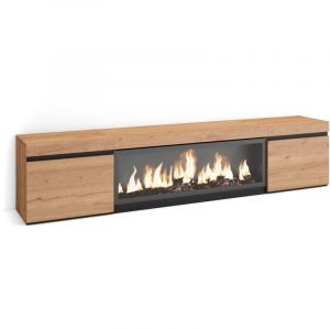 Skraut Home - Meuble tv, Banc Télé, Grand espace de Rangement, 210, Pour les tv jusqu'à 80', Cheminée électrique xxl, Style moderne, Chêne