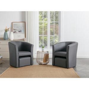 Image de Fauteuil cabriolet et pouf en simili gris JOVANA