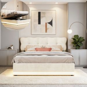 Lit coffre 160x200 avec sommier &agrave; lattes - lit double 160x200 avec LED - cadre de lit 160x200 cm - tissu en velours - cr&egrave;me