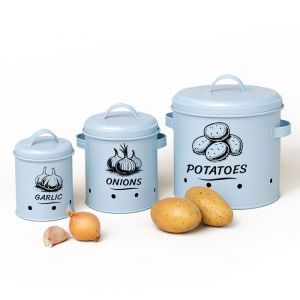 Relaxdays Boîte de Conservation pour Pommes de Terre, oignons et ail, Lot de 3, métal, Pot à oignons, Bleu Clair