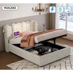 Oem Lit coffre 90x200 cm avec lampe de lecture et fonction de recharge, lit simple avec espace de rangement dans la t&ecirc;te de lit, Lin