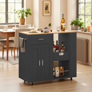 Desserte de Cuisine - &Icirc;lot &agrave; Roulettes - 102x46x92 cm - 2 Portes - 1 Tiroir - Noir