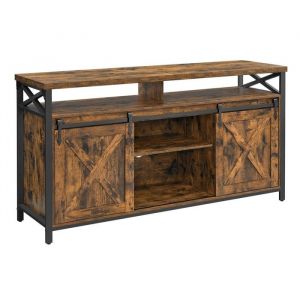 Meuble tv support pour t&eacute;l&eacute;viseur jusqu&rsquo;&agrave; 65 pouces avec &eacute;tag&egrave;res 40 x 147 x 76 cm r&eacute;glables portes imitation grange style rustique cadre en m&eacute;tal