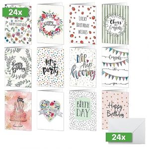 Sigel DS704 Lot de 24 Cartes d'anniversaire "Happy Birthday" à 2 Volets, A6, en carton blanc, avec inscription + 24 enveloppes