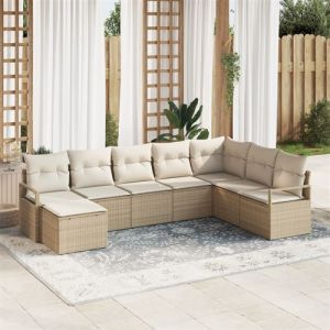 Groupe de canap&eacute;s de jardin 8 pi&egrave;ces avec coussins beige poly rotin, Canap&eacute; de jardin 2 places avec rangement et coussins beige