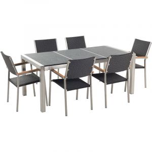 Beliani Table de jardin en plateau granit noir flamb&eacute; 180 cm et 6 chaises en rotin GROSSETO - noir