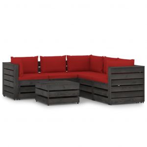 VidaXL Salon de jardin 6 pcs avec coussins Bois imprégné de gris Rouge et gris