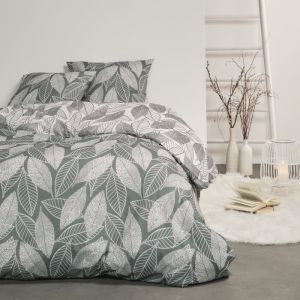 Today Parure de lit double motif feuilles en flanelle de coton - Blanc et vert - 220 x 240 cm