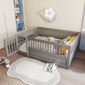 Lit évolutif 140x200cm - lit enfant en bois avec barreaux et porte, sans sommier et matelas - gris