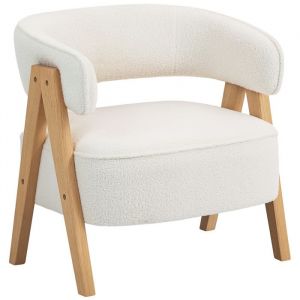 Homcom Fauteuil de salon - assise large, dossier ergonomique - tissu bouclette et pieds en bois massif - 70x64x71cm - blanc