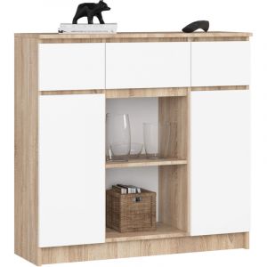 Akord - Commode K100 Ch&ecirc;ne Sonoma 101 cm 2 portes 3 tiroirs fa&ccedil;ade Blanche 6 &eacute;tag&egrave;res 101x35x98 cm