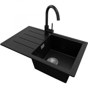 Primagran - Evier Cuisine en Granit 70x44cm, Lavabo 1 bac + Robinet 32x20cm + Kit de Vidage, &Eacute;vier &agrave; Encastrer au meuble 45cm - Copenhague Easy, Noir