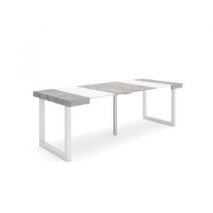 Table console extensible, Console meuble, 220, Pour 10 personnes, Pieds bois massif, Style moderne, Blanc et Gris Ciment - Skraut Home